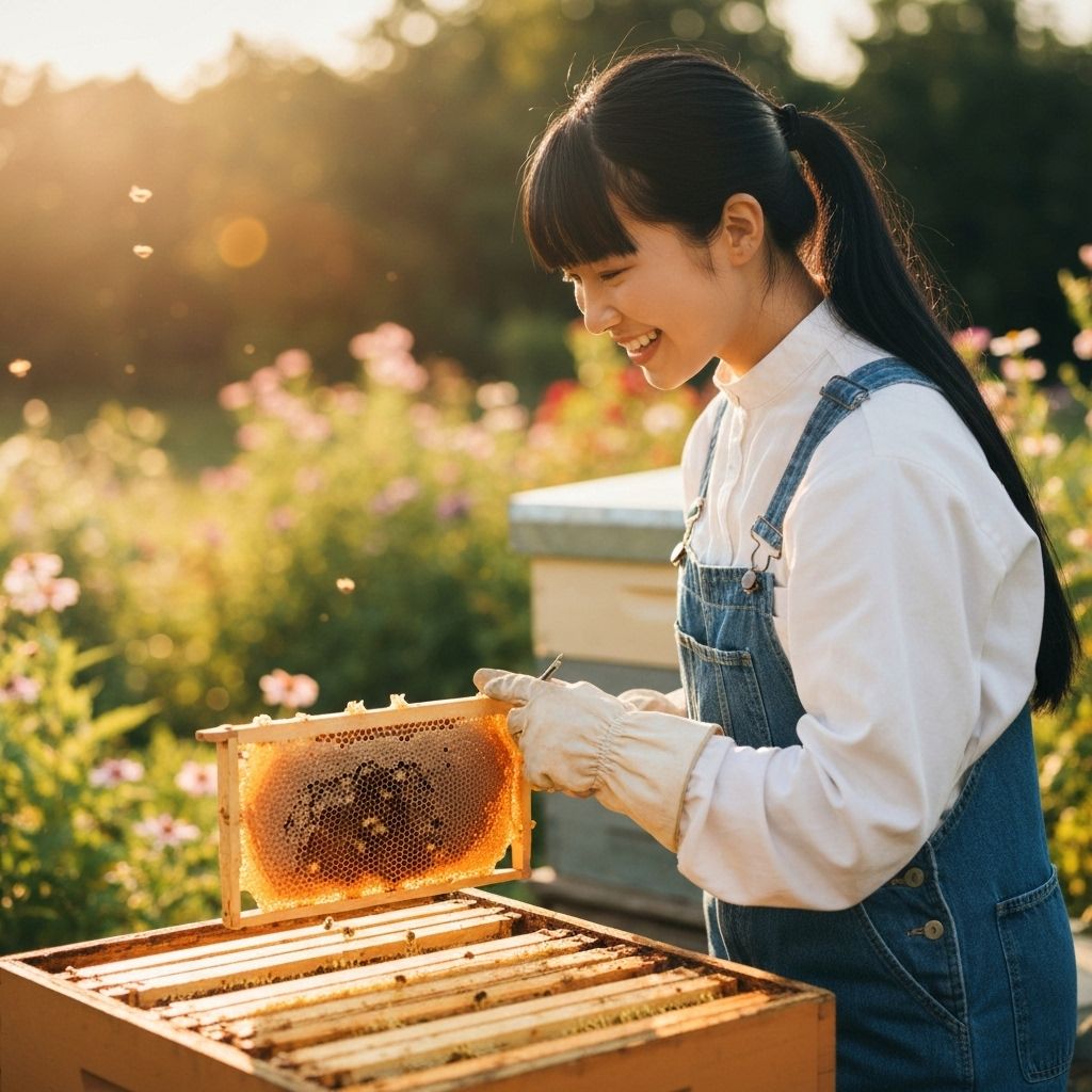 Apicultor trabajando con panales